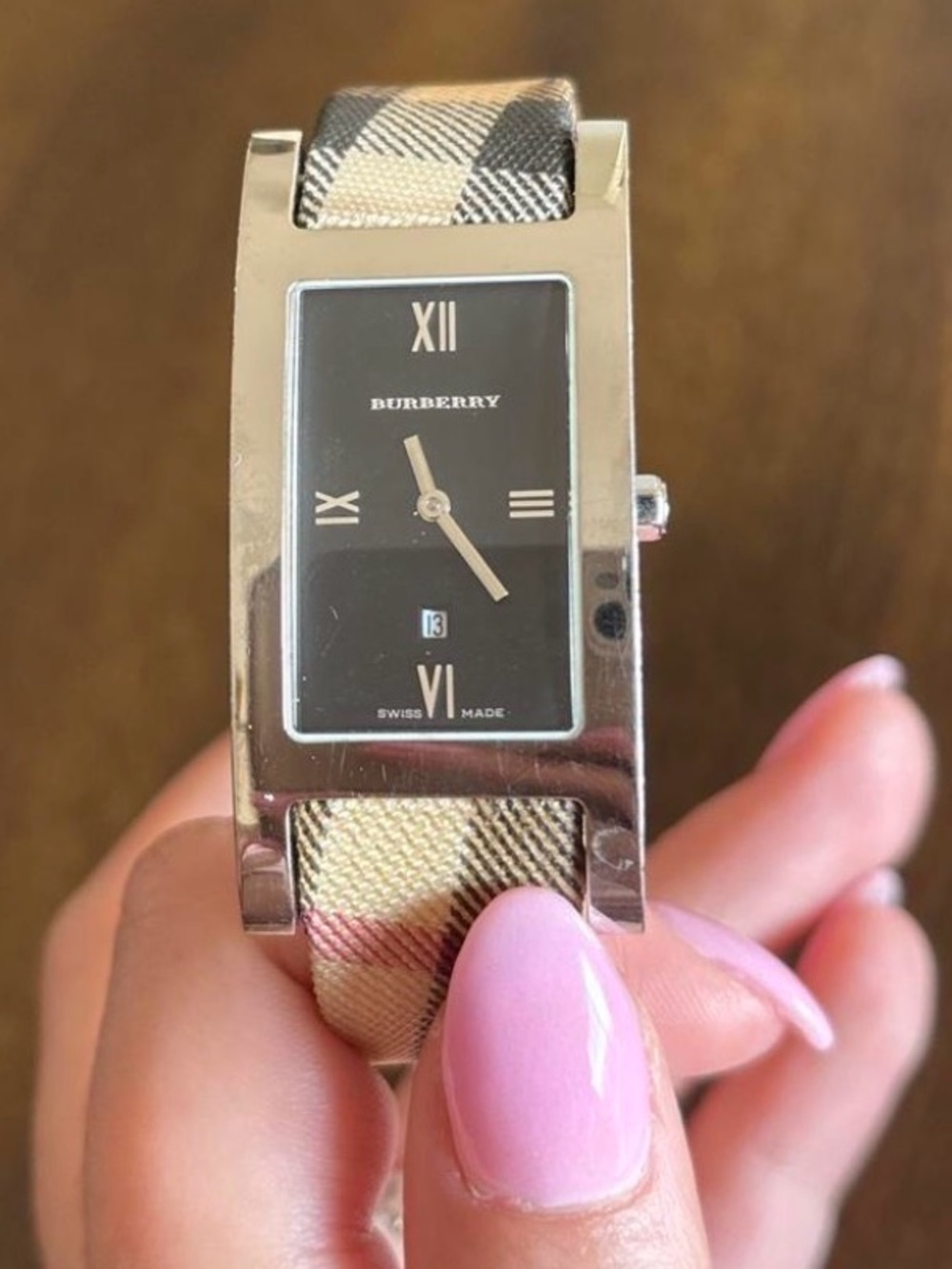 Burberry Silver Case Leather Strap Rectangular Watch